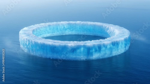 Frozen ring of ice floating on a calm, blue water surface, with a soft, diffused light illuminating the crystal structures