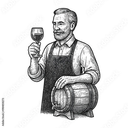 Winemaker with wine glass and oak barrel engraving vector