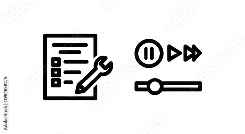 Playlist management and control icons with wrench and playback controls playlist management settings document clipboard previous interface illustration minimalist organization function