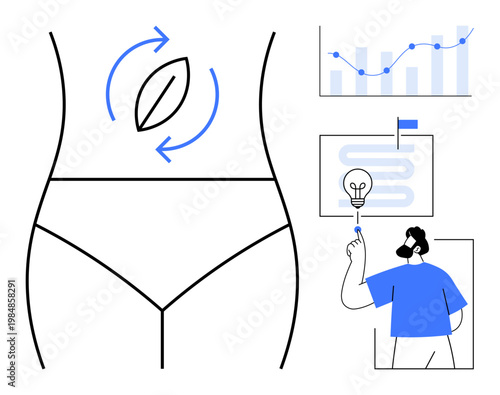 Health, fitness, body wellness, innovation, growth, analysis, progress tracking. Minimalist body outline charts and man holding a lightbulb symbol. Fitness and health merge with innovation and data