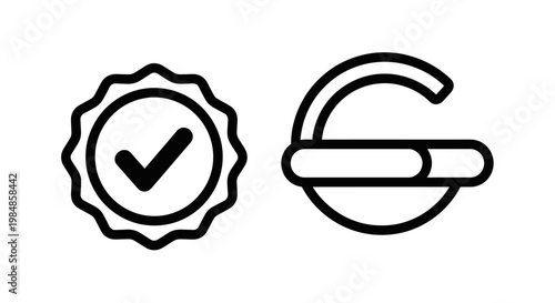 Approved checkmark badge and curved bracket icon with checkmark approved verified confirmation validation agreement guarantee certification document starburst management regulation