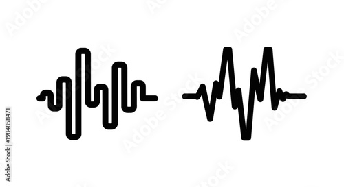 Two distinct sound wave vector icons with frequency waveform illustration soundwave oscillation vibration measurement analysis technology electrical fluctuation representation abstract
