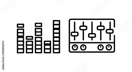 Sound equalizer and audio mixer vector icons with equalizer technology illustration adjustment equipment recording interface production entertainment broadcasting performance electronic