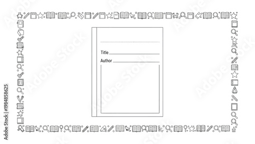 Book template: A clean book template framed with symbols is ready for title and author information, ideal for any presentation.