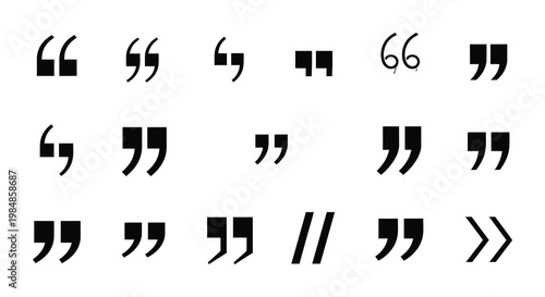 A collection of various quotation mark designs displayed in black showcasing different styles and orientations silhouette high quality professional detailed
