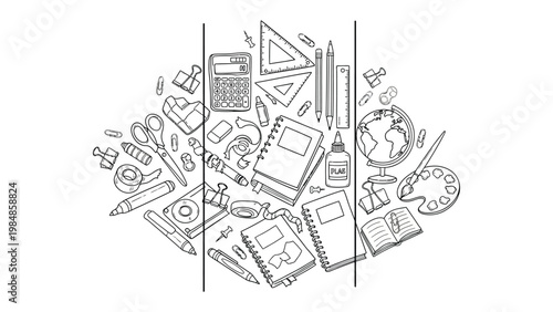 Stationery Assemblage: An organized display of various stationery items, perfect for academic or office use. Including an eraser, tape measure, stapler, binder clips, globe, paint palette.