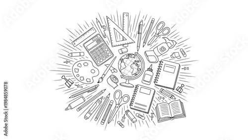 Stationery Supplies Illustration: An artful illustration showcases an array of stationery, arranged in a visually appealing composition. capturing the essence of learning, creativity.