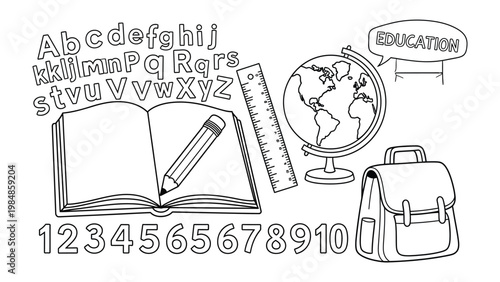 Educational Elements in a Monochromatic Composition: A black-and-white illustration of essential educational tools, designed to symbolize learning and knowledge acquisition.