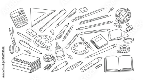 Sketchbook Collection: An array of art and stationery supplies is artfully arranged. This intricate black and white illustration brings an eye-catching appeal.