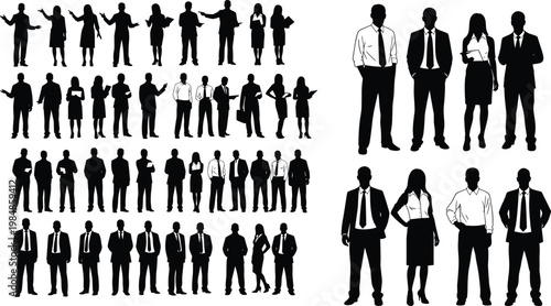 Business people silhouettes mega collection, corporate professionals men women office workers poses standing isolated black vector illustration bundle set