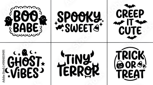 Black and white spooky halloween phrases with ghost bats and candy icons