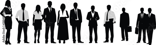 Business people silhouettes lineup, corporate professionals men women office workers standing diverse team isolated black vector illustration collection set