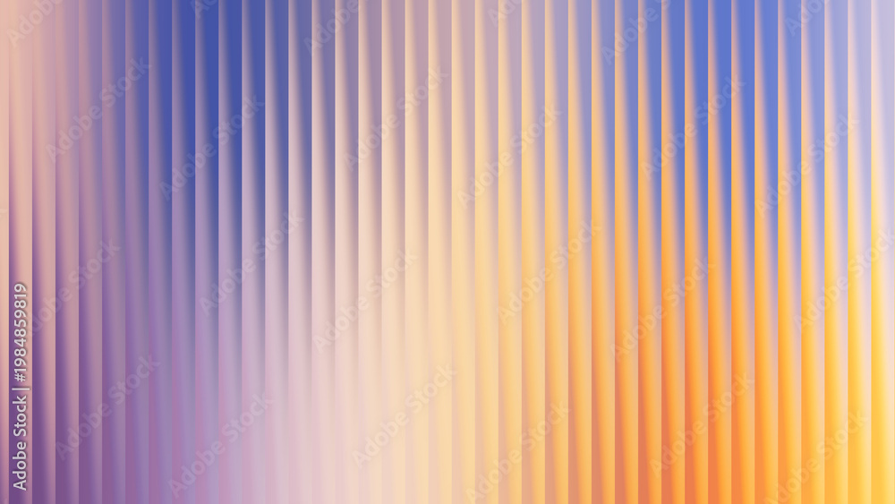 Fototapeta premium Abstract vertical ribbed background showcasing a luminous gradient from bright yellow and orange to soft pastel blue and lilac, evoking a cheerful and airy atmosphere.