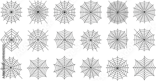 Large collection of black spider web vector illustrations in various shapes and sizes for Halloween spooky and gothic themed designs isolated on white.