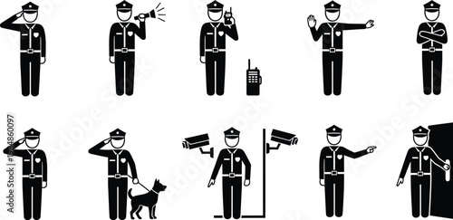 Security guard actions and equipment pictogram set including dog radio surveillance cameras
