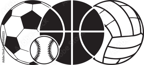 Traditional sports balls arranged in a visually balanced composition with a baseball.