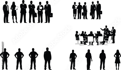 business people silhouettes collection, corporate team, office professionals, meeting group, teamwork collaboration, men and women standing, boardroom discussion, vector illustration