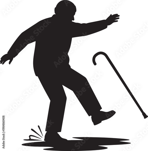 Elderly Man Falling Silhouette with Cane on White Background