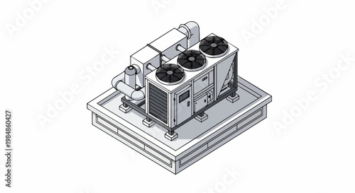 Isometric Industrial HVAC Air Conditioning System Technical Vector Illustration of a Commercial Rooftop Cooling Unit with Fans and Ductwork on White Background
