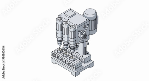 Isometric Illustration of an Automated Multi-Spindle Drill Press Machine on a Conveyor Belt, Industrial Manufacturing Production Line Concept, Vector Technical Drawing