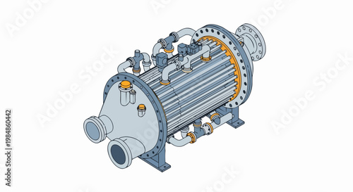 Isometric Industrial Shell and Tube Heat Exchanger Technical Illustration for Engineering