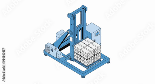 Isometric Illustration of an Automated Palletizing Machine Lifting Stacked Cardboard Boxes for Warehouse Logistics and Industrial Automation