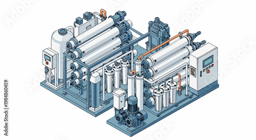 Isometric Illustration of Industrial Reverse Osmosis Water Purification System for Desalination and Wastewater Treatment