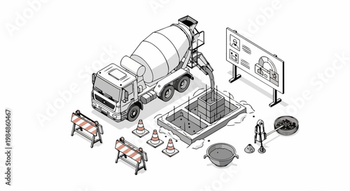 Isometric Construction Site Illustration with Concrete Mixer Truck Pouring Cement into Foundation - Minimalist Line Art for Urban Development and Engineering