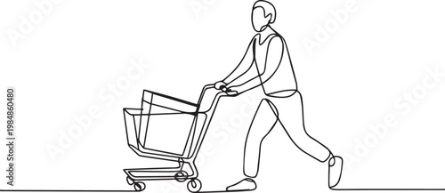 A person pushing a shopping cart in a simple line drawing style