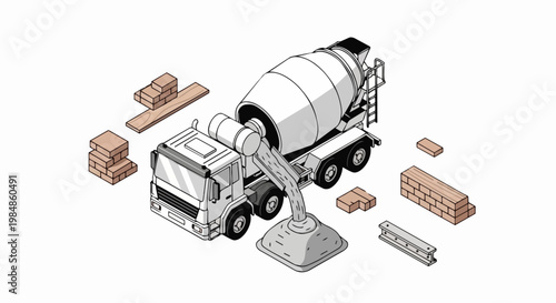 Isometric Concrete Mixer Truck Pouring Cement at a Construction Site with Building Materials