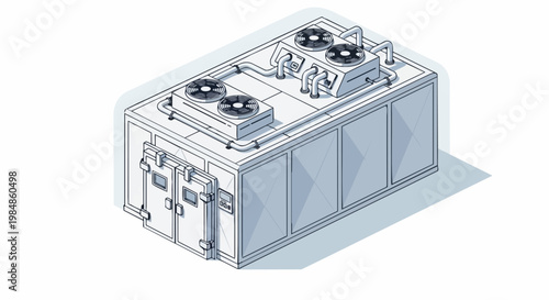 Industrial HVAC Cooling Module and Modular Refrigeration Unit Isometric Illustration for Cold Storage, Data Centers, and Logistics Infrastructure