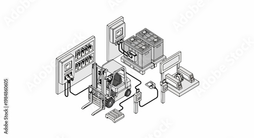 Isometric Illustration of an Electric Forklift Charging Station with Industrial Battery Management and Warehouse Power Infrastructure