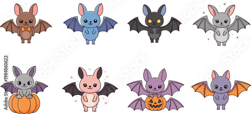 Collection of cute halloween bat vector illustrations featuring cartoon characters with pumpkins and various colors for spooky holiday festive designs.