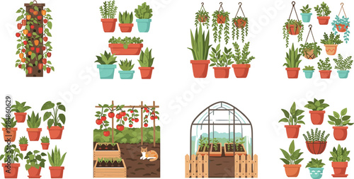 Comprehensive collection of gardening vector illustrations featuring potted plants greenhouse vegetable beds and vertical herb gardens isolated on white background.