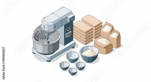 Industrial Bakery Stand Mixer and Bags of Flour Isometric Illustration on White Background