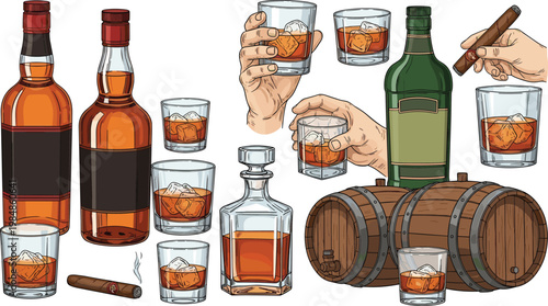 Whiskey Bottles, Glasses, and Cigar Icon Set with Whiskey Barrel and Ice Cubes for Drinks, Alcohol, and Luxury Lifestyle
