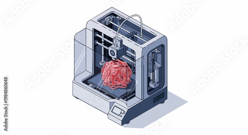 Isometric 3D Printer Creating a Complex Red Prototype Structure; Additive Manufacturing and Rapid Prototyping Technology Illustration