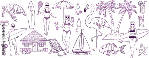 Summer beach doodle set with surfer flamingo palm trees bikini vacation elements hand drawn vector illustration collection