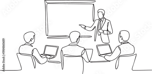 Business presentation with four people sitting and one standing by a whiteboard