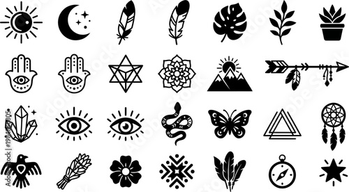 Mystical symbols and signs vector graphic illustration set