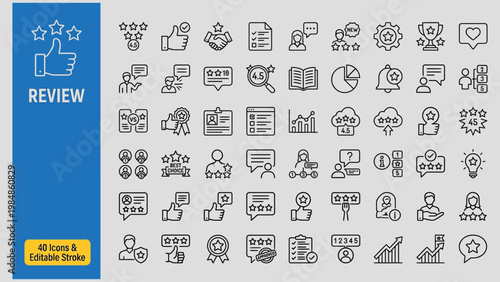 Review web icons in line style. Feedback, like, survey, user, testimonials, comment, rating. Editable stroke. Vector illustration.
