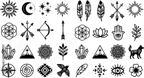 Minimalist vector graphic illustration of various mystical symbols and designs on white background