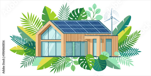 Flat vector illustration of a modern sustainable eco villa with large glass windows, roof solar panels, and a wind turbine surrounded by lush tropical foliage