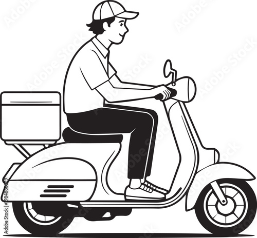 Delivery person riding a classic scooter with a box attached