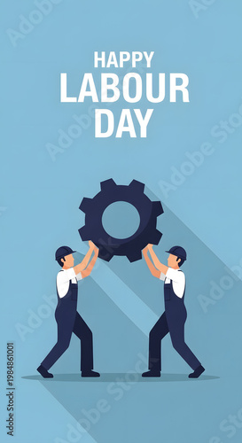 Happy Labour Day Illustration Workers Carrying Large Gear Flat Vector Graphic
