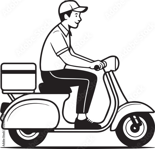 Delivery person riding a scooter with a storage box attached to the back.