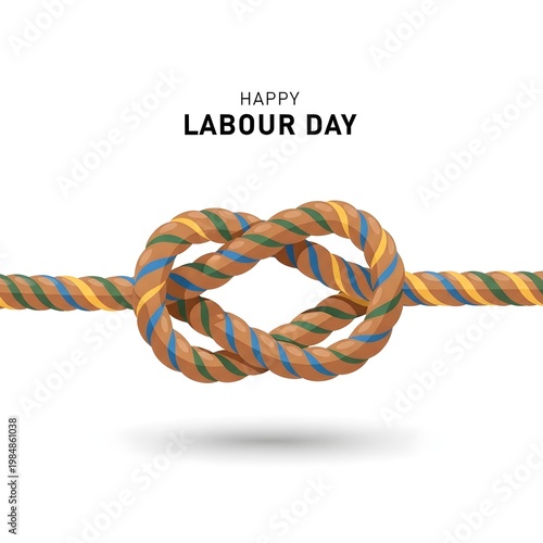 Happy Labour Day Greeting with Tied Rope Knot Symbol on White Background