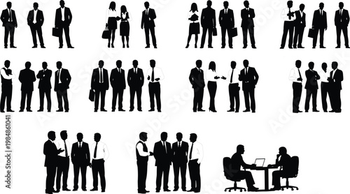 Business people silhouettes collection, corporate team standing meeting discussion, professional men women office workers isolated black vector set design bundle