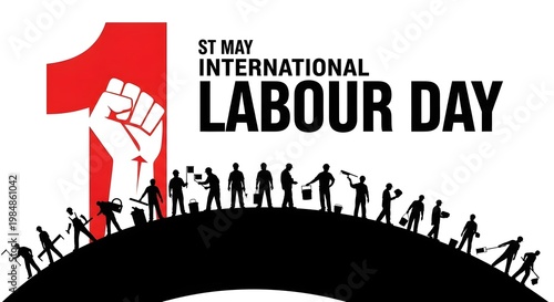 International Labour Day 1st May Poster with Worker Silhouettes and Raised Fist