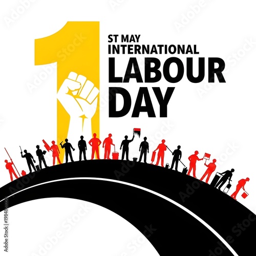 International Labour Day Vector with Worker Silhouettes and Raised Fist Icon for 1st May